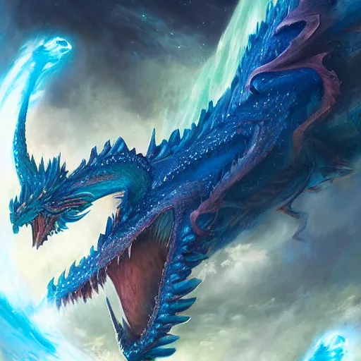 Image similar to prompt crystalline blue dragon in space, devouring a planet, sun system, European dragon, dragon wings, nebula, oil painting, by Fernanda Suarez and and Edgar Maxence and greg rutkowski