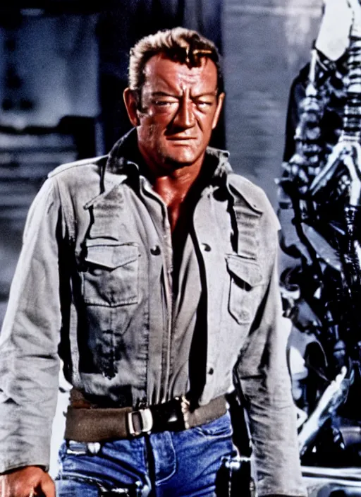 Prompt: film still of John Wayne as The Terminator in The Terminator, 4k