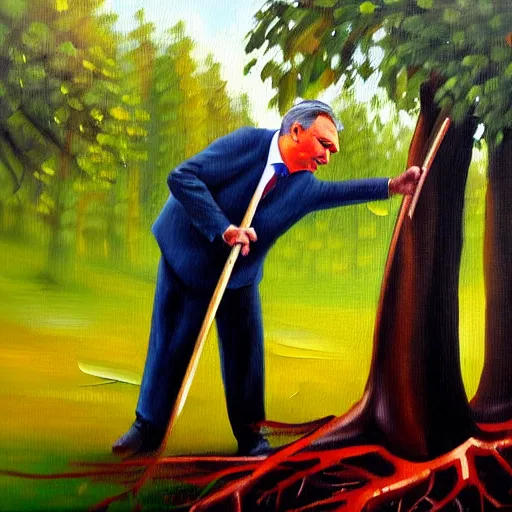 Image similar to viktor orban chopping a tree, oil painting