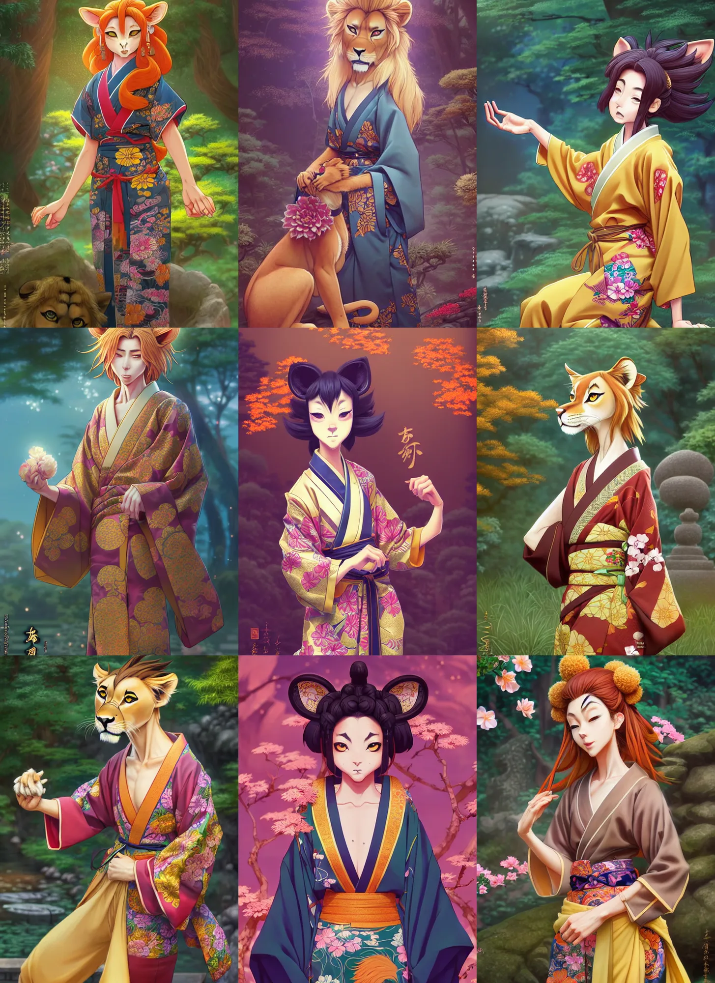 Prompt: beautiful full body portrait of a female anthropomorphic anthro lioness fursona wearing a ornate yukata in a japanese zen garden. character design by disney, anime, manga, charlie bowater, ross tran, artgerm, and makoto shinkai, detailed, soft lighting, rendered in octane