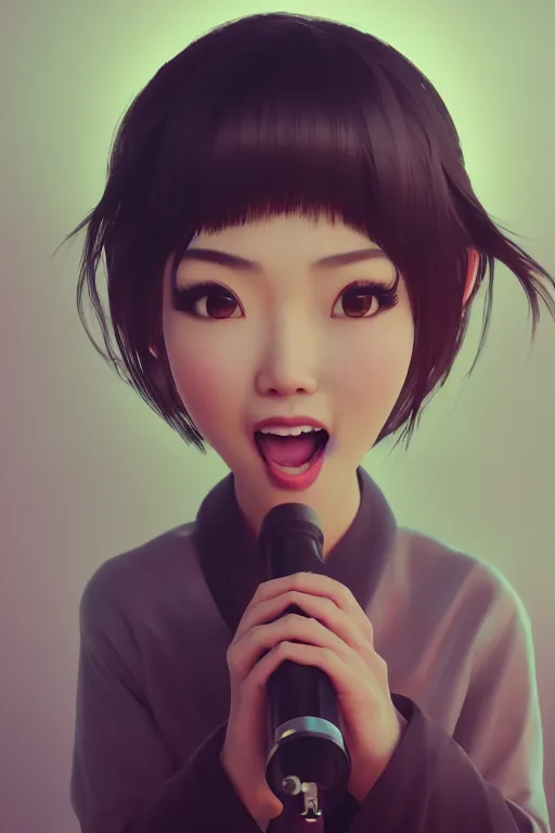 Image similar to a portrait of cute Asian girl singing, short hair, in the style of DreamWorks animation, low angle view, 16mm lens, award winning, hyper detailed, dramatic lighting, artstation, octane renderer, unreal engine