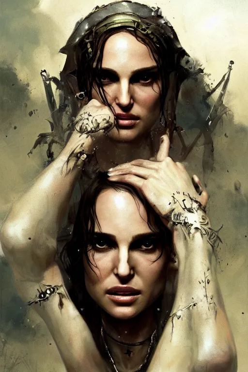 Image similar to natalie portman, battle warrior, lord of the rings, tattoos, decorative ornaments, by carl spitzweg, ismail inceoglu, vdragan bibin, hans thoma, greg rutkowski, alexandros pyromallis, perfect face, fine details, realistic shading, photorealism