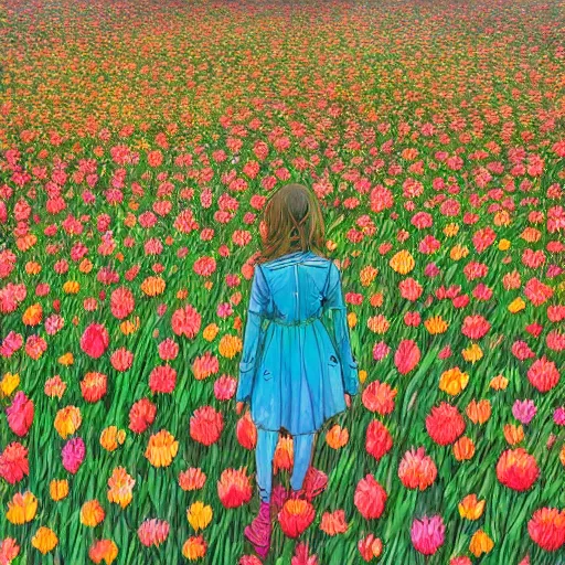 Image similar to a girl among a flower field thinks about space, graceful, an ultrafine detailed illustration by kim jung gi, bright colors, unreal engine 5 highly rendered, detailed and intricate environment