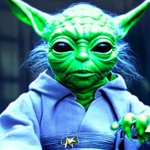 Image similar to stunning award winning hyperrealistic hdr 8 k highly detailed photo of yoda wearing a blue star trek uniform