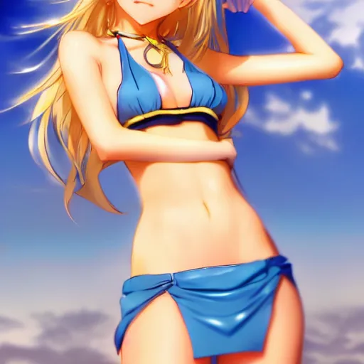 Prompt: a very beautiful anime cute girl, full body, long wavy blond hair, sky blue eyes, full round face, short smile,golden bikini, miniskirt, front view, medium shot, mid-shot, highly detailed, cinematic wallpaper by Stanley Artgerm Lau