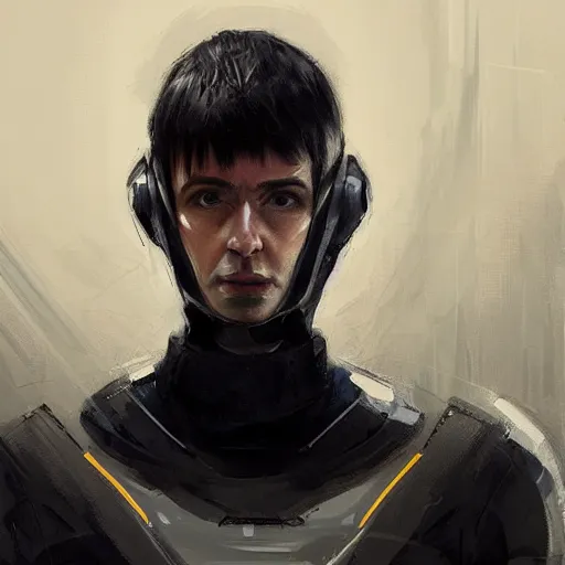 Image similar to concept art by rutkowski, man about 3 0 years old, short black hair with bangs, expression of fear and bewilderment, very tall and slender, he is wearing futuristic space gear, highly detailed portrait, scifi, digital painting, artstation, concept art, smooth, sharp foccus ilustration, artstation hq