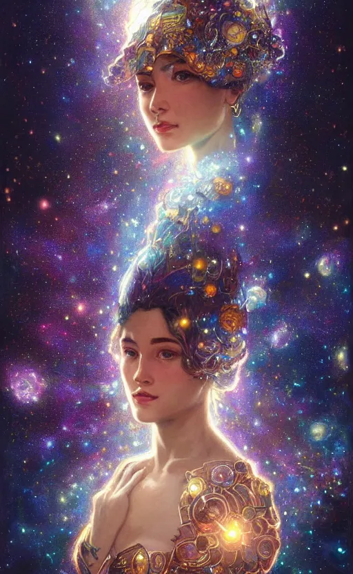 Image similar to portrait of a cosmic goddess, suit made out of stars and galaxies and cosmic energy, intricate, headshot, highly detailed, digital painting, artstation, concept art, sharp focus, cinematic lighting, illustration, art by artgerm and greg rutkowski, alphonse mucha, cgsociety