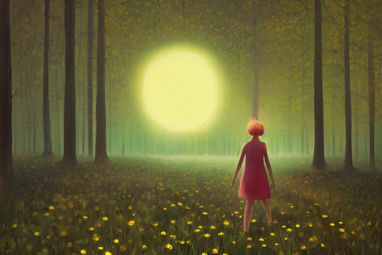 Image similar to giant daisy flower as face, girl walking in forest, surreal photography, dark night, stars, moon light, impressionist painting, clouds, digital painting, artstation, simon stalenhag