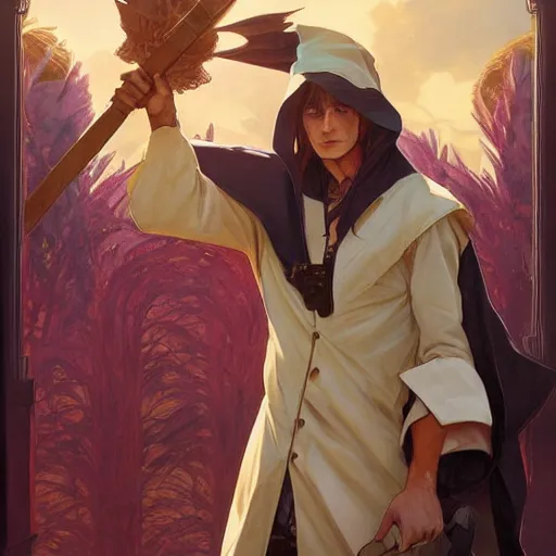 Prompt: a photorealistic male wizard teenager wearing wizard outfit, sharp focus, illustration, art by artgerm and greg rutkowski and alphonse mucha