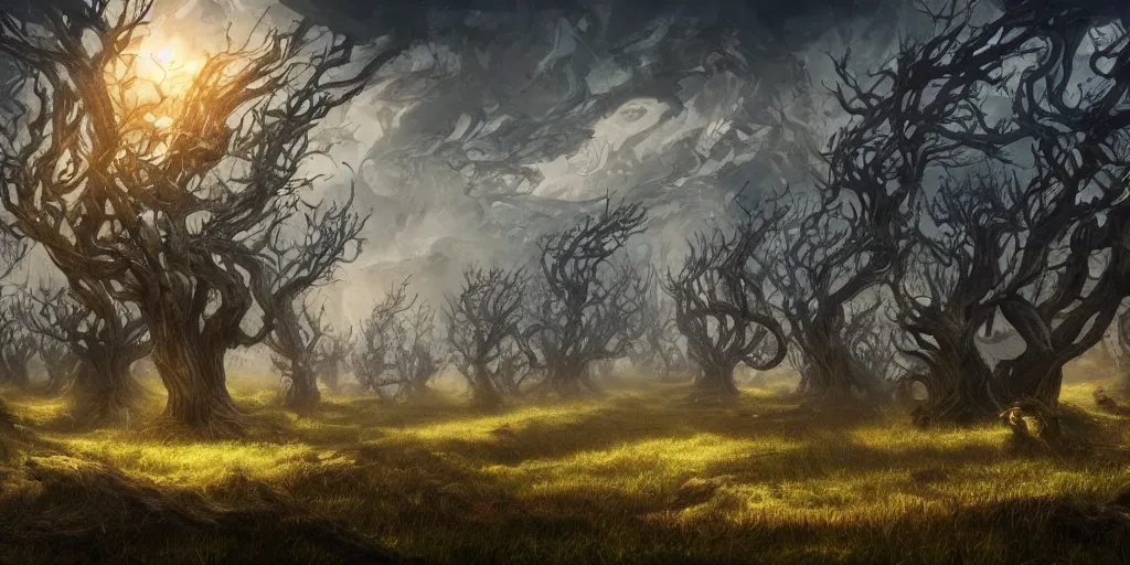 Prompt: swaths of leaned or keeled over windswept trees, no visible soil, high quality fantasy art, 4k