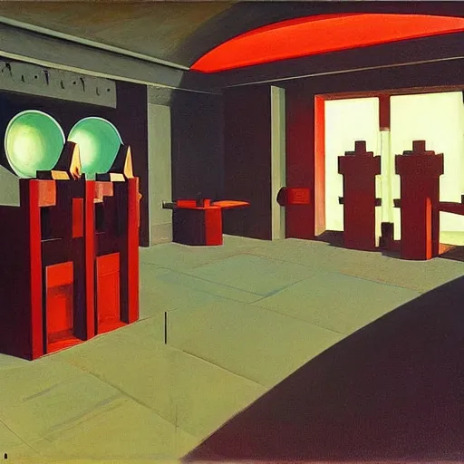 Image similar to three brutalist robotic judges with glowing eyes, inside a dome, pj crook, grant wood, edward hopper, syd mead, chiaroscuro, oil on canvas