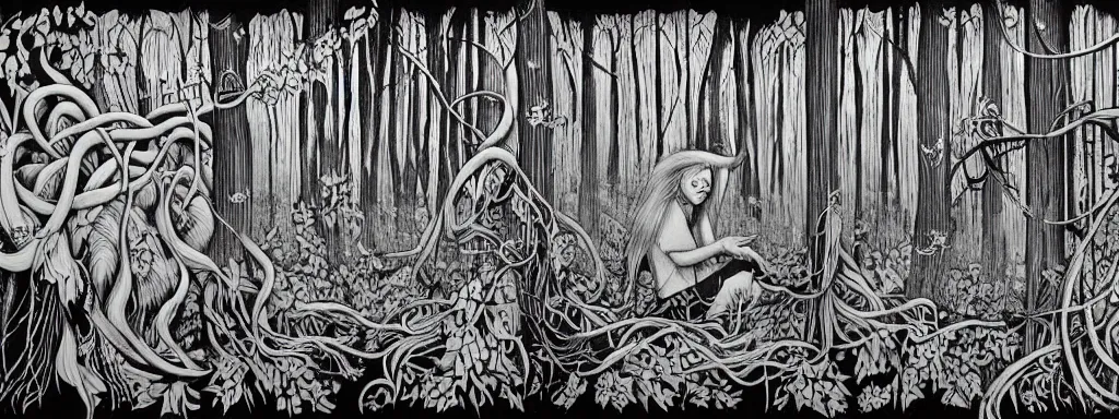 Image similar to a grunge technogaianist long-haired blonde digital musician playing modular synthesizer in the forest, technology and nature swirling in harmony, plugging vines into the synthesizer, trees swaying to the beat, postmodern surrealist concert poster, grainy poster art, hand drawn matte painting by Tara McPherson and Gary Houston, smooth, sharp focus, extremely detailed, 50mm.