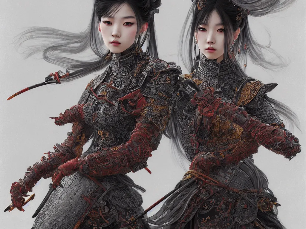 Prompt: portrait jisoo blackpink samurai girl, grey hair armored samurai clothes, in fire japanese temple wet night, ssci - fi and fantasy, intricate and very very beautiful and elegant, highly detailed, digital painting, artstation, concept art, smooth and sharp focus, illustration, art by tian zi and wlop and alphonse mucha