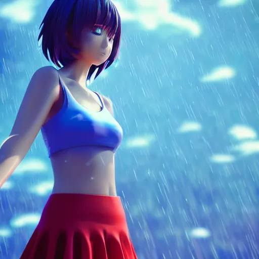 Image similar to beautiful anime woman in 3d style, wearing a skirt and a tanktop, perfect body, standing in the rain, high quality anime art, trending on artstation, 8K octane render