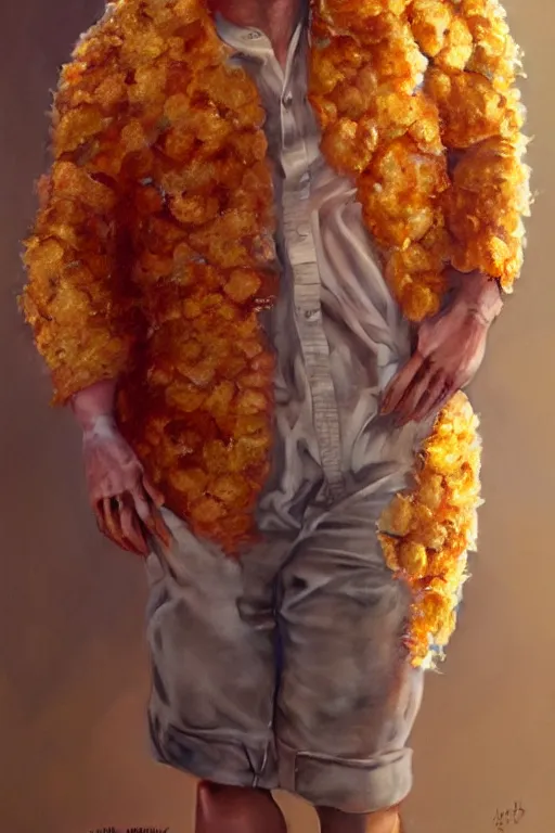 Prompt: channing tatum wearing a tater tot costume, oil on canvas, intricate, 8 k highly professionally detailed, hdr, cgsociety