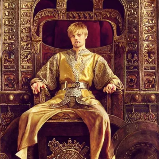 Prompt: attractive bradley james as king arthur pendragon, sat in his throne, big arches in the back, very detailed painting by gaston bussiere, j. c. leyendecker