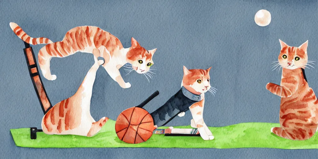 Image similar to watercolor illustration style, cute! cats training in fitness studio, sport equipment lay near