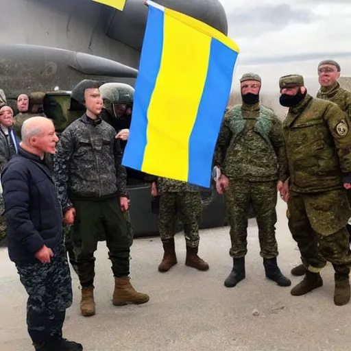 Image similar to Joe Biden is with the azov battalion in Ukraine War holding a ukrainian flag