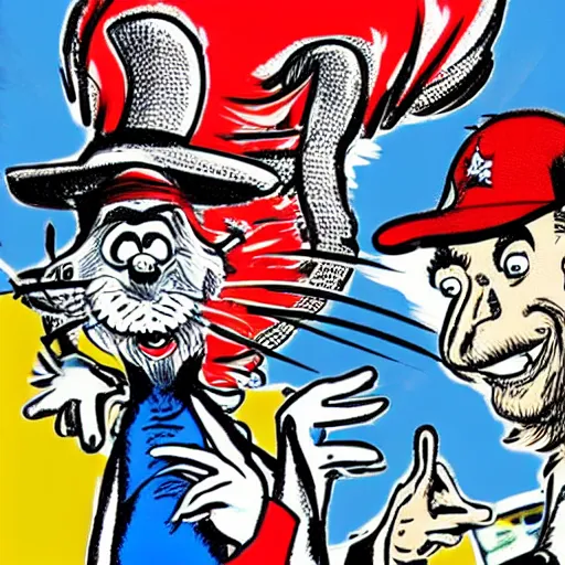 Image similar to The East Coast–West Coast hip hop rivalry illustrated by Dr Seuss, path traced, detailed faces