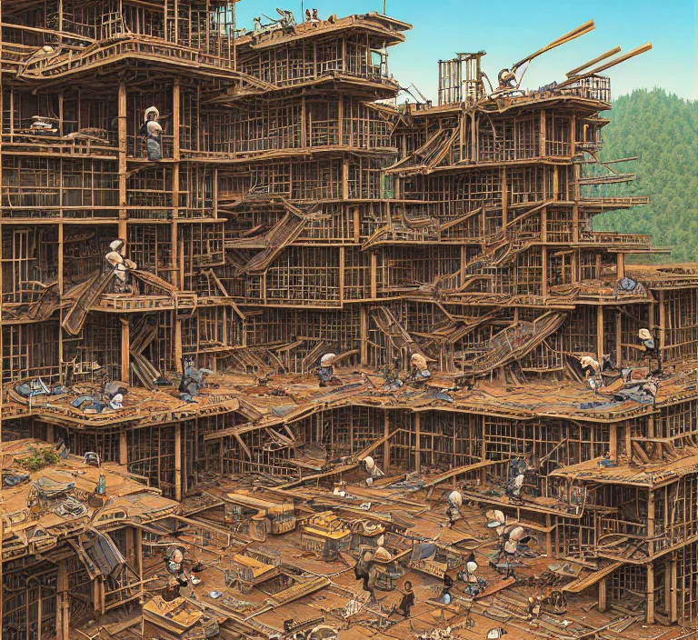 Image similar to photography hyperrealism concept art of highly detailed anthropomorphic beavers builders that building highly detailed futuristic city with sticks by hasui kawase and scott listfield sci - fi style hyperrealism