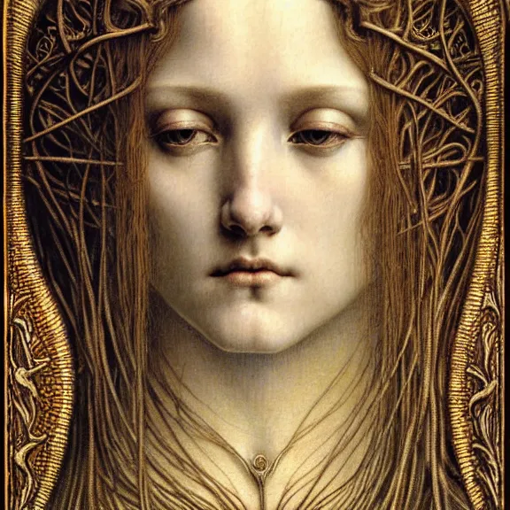 Image similar to detailed realistic beautiful young medieval queen face portrait by jean delville, gustave dore and marco mazzoni, art nouveau, symbolist, visionary, gothic, pre - raphaelite. horizontal symmetry