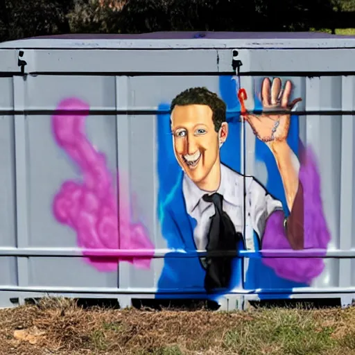 Image similar to mark zuckerburg huffing paint behind graffiti dumpster