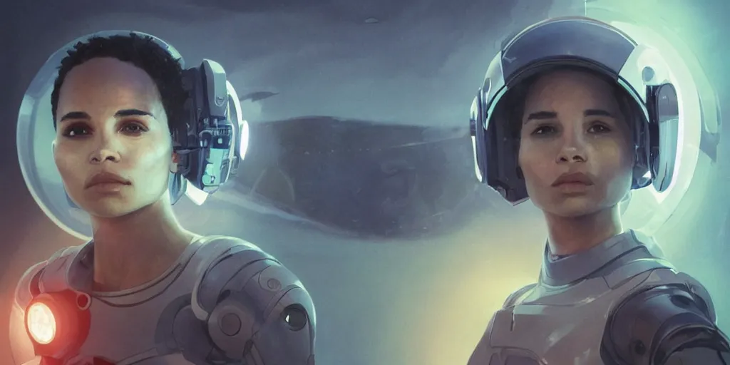 Prompt: Zoe Kravitz with short hair as a techpunk astronaut, helmet with led lights, underwater in the ocean at night, clear water, volumetric lighting, glowing lights, 4k, octane, digital painting, artstation, concept art, cinematic film, sharp focus, illustration, art by artgerm and greg rutkowski and alphonse mucha , wide angle view,