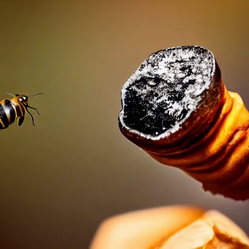 Prompt: side view of a bullet shot frozen in mid-air in the air. Rectangular bullet. Blue sky blurry background. Plus add a Bee flying next to l the bullet. Slow motion.