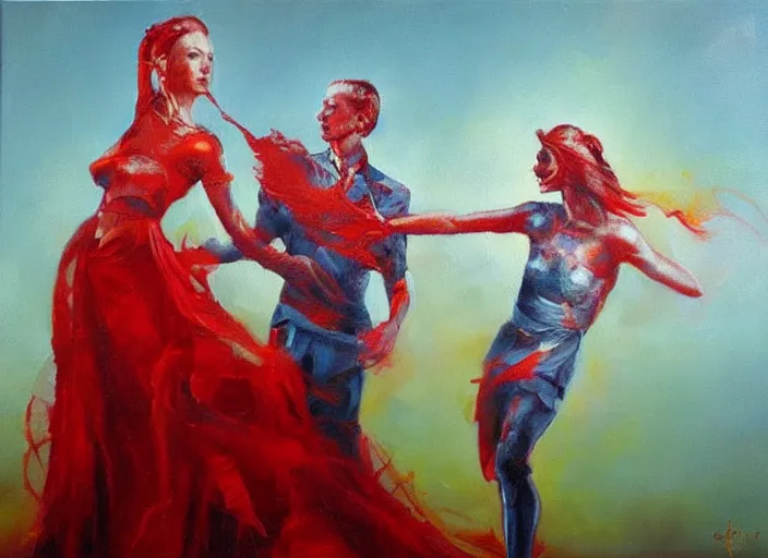 Prompt: inspirational red propaganda beautiful oil painting by Alexander Labas and Tatyana Yablonskaya and Viktor Tsvetkov