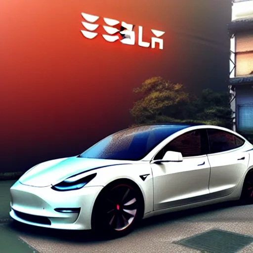 Image similar to tesla model 3 in Japanese city, artstation, synthwave