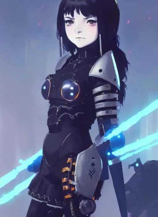 Image similar to portrait of cute goth girl in cyber armor, warhammer, illustration concept art anime key visual trending pixiv fanbox by wlop and ilya kuvshinov and greg rutkowski and makoto shinkai and studio ghibli