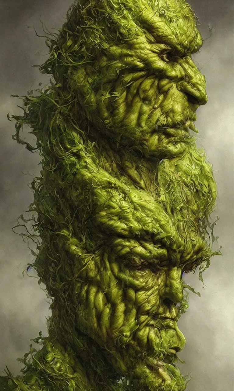 Prompt: hyperrealist renaissance portrait painting of dc comics swampthing pot leaf face, by artgerm and greg rutkowski, moody, misty, depth perception.