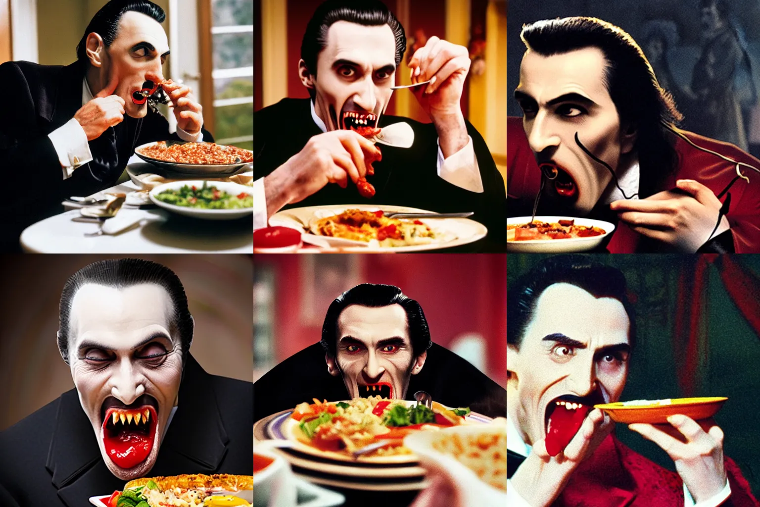 Prompt: closeup photo of dracula eating a tv dinner at the retirement home