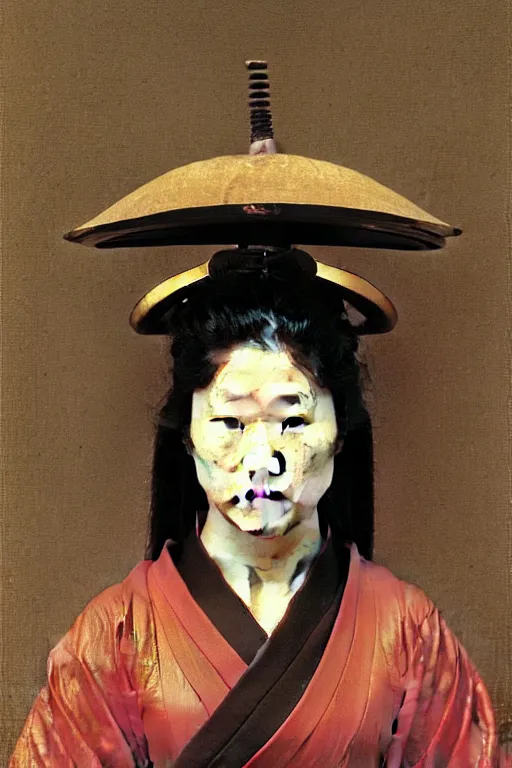 Image similar to portrait of a woman in samurai helmets, by bouguereau