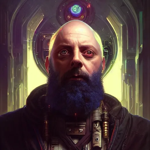 Image similar to portrait painting of a cyberpunk dwarf mage bald and bearded michael sheen, ultra realistic, concept art, intricate details, eerie, highly detailed, photorealistic, octane render, 8 k, unreal engine. art by artgerm and greg rutkowski and charlie bowater and magali villeneuve and alphonse mucha