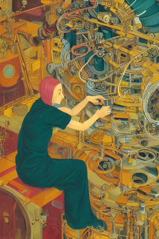 Prompt: realistic portrait of an engineer woman fixing the samsara cluster, fine portrait, concept art, stunning, in the style of brecht evens and jean delville