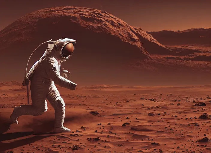 Image similar to ! dream ultra realistic illustration, a soviet astronaut playing soccer on mars, mars landscape, elegant, highly detailed, artstation, concept art, smooth, sharp focus, moody, dramatic lighting