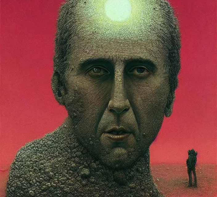 Image similar to moon made from thousands corpses of Nicolas Cage, gothic, surreal, Warhammer, colorful, highly detailed, artstation, digital art by zdislav beksinski and wayne barlowe