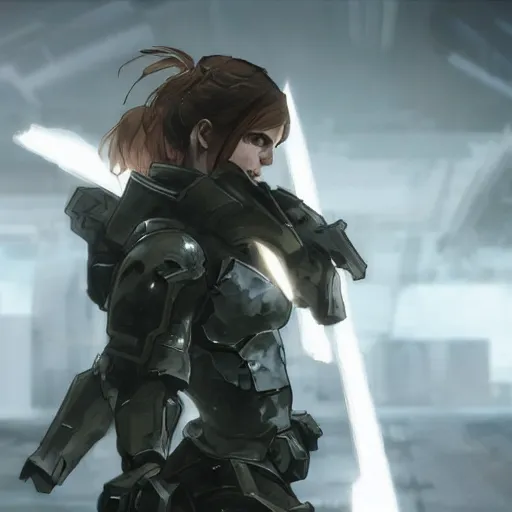 Image similar to emma watson as a paladin metal gear dramatic lighting cinematic cinematic lighting by Richard Schmid by Yoji Shinkawa by artgem