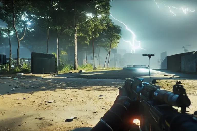 Image similar to a first person shooter game trailer on sao paulo, cinematic lightning, ray tracing, unreal engine 5, photorealistic