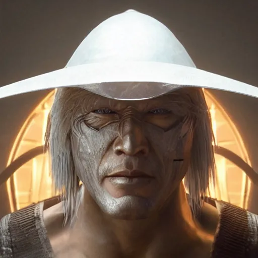 Image similar to hyper realistic, highly detailed hybrid of raiden from mortal kombat, and raiden from metal gear solid wearing a conical rice hat. unreal engine, greg rutkowski, beeple global illumination, translucent, sub - surface scattering,