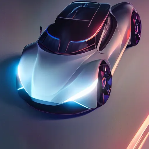Image similar to detailed intricate digital illustration by greg rutkowski and artgerm and wlop ; 2 0 2 4 concept car electric vehicle, sharp, smooth, closeup view ; bright, glowing, led headlights and sleek design ; sharp focus, depth of field, car rig shot from the batman