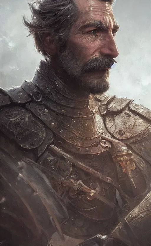 Prompt: Portrait of a Knight in his 50s, big moustache, male, detailed face, fantasy, highly detailed, cinematic lighting, digital art painting by greg rutkowski