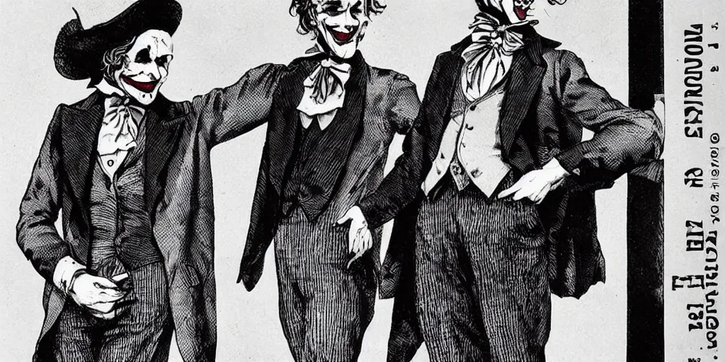 Image similar to joker wearing clothes in the style of directoire style, photograph, grinning, creepy,