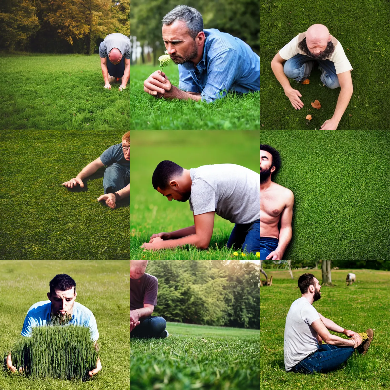 Prompt: man on all fours eating grass