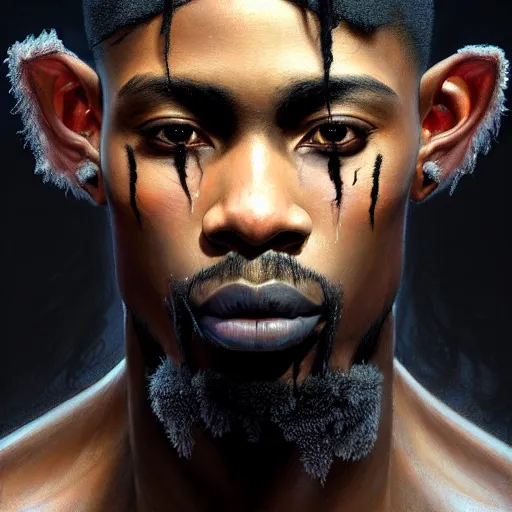 Image similar to portrait painting of a beautiful black man with cut scars and cropped hair wearing a tattered fur coat, ultra realistic, concept art, intricate details, eerie, highly detailed, photorealistic, octane render, 8 k, unreal engine. art by artgerm and greg rutkowski and charlie bowater and magali villeneuve and alphonse mucha