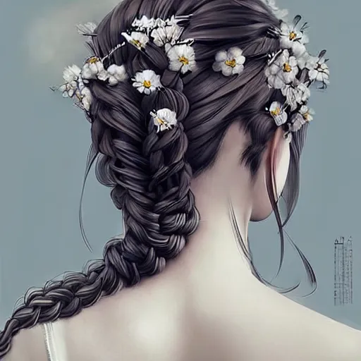 Prompt: beautiful long hairstyle with flowers and braids, pinterest hair picture, back of the hair, long In style of Yoji Shinkawa and Hyung-tae Kim, concept art, highly detailed-H 704