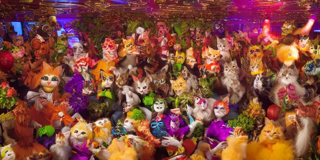 Image similar to 8 k uhd cinema 4 d, octane render of multiple cats dressed as vegetables with vegetables as masks, vegetables dressed as cats with fluffy tails, line dancing at a party, in the ballroom of a luxury cruise liner, beautiful chandeliers from the ceiling, ultra realistic, group photography, 1 0 5 mm lens, multi coloured volumetric lighting