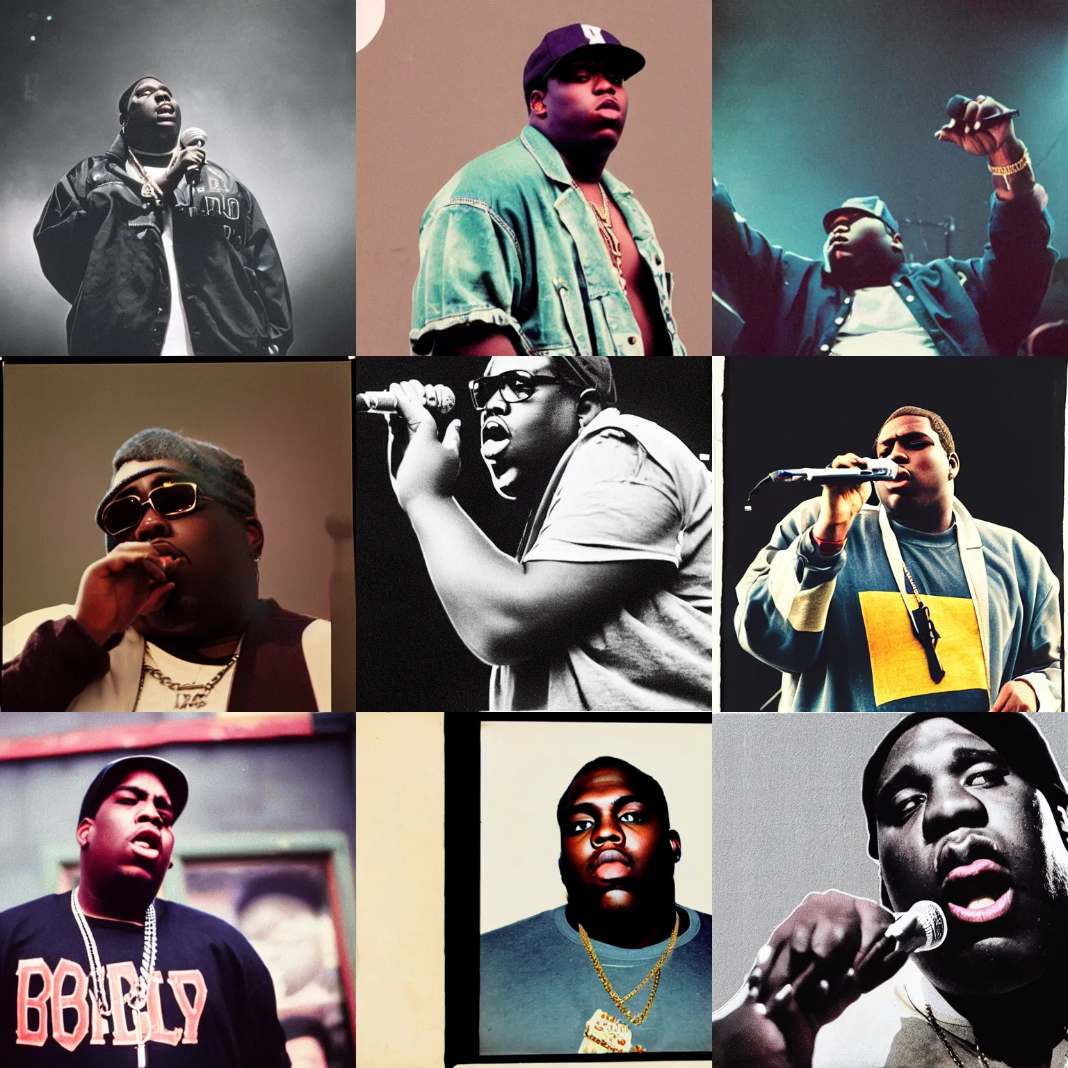Prompt: faded color photograph, half body shot, portrait of the notorious b. i. g. rapping in brooklin, concert, 1 9 9 3