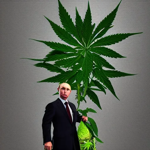 Image similar to Vladimir Putin holding a giant marijuana plant, detailed face, realistic face, amazing digital art, highly detailed, trending on artstation